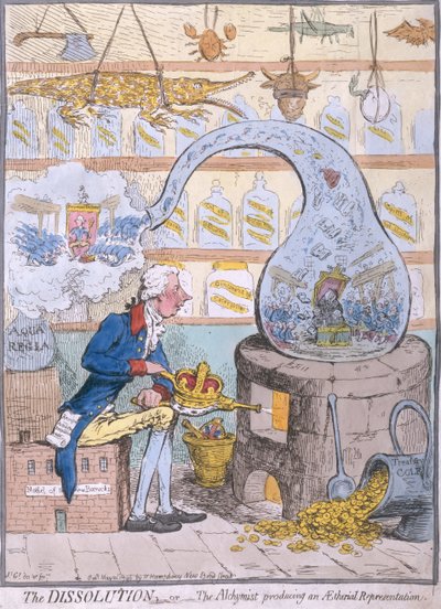 The Dissolution, or the Alchymist producing an Aetherial Representation, published by Hannah Humphrey in 1796 by James Gillray
